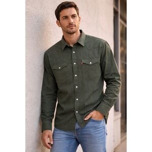 Levi's Mens Western Shirt XXL Green Stripe Snap Button Pearl Cowboy